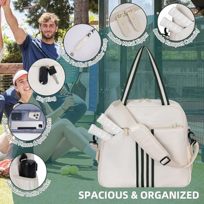 Pickleball Bag Pickle Ball Backpack for Women,Pickleball Accessory Tote Sport Equipment Bag Machine Washable with Shoe Compartment,Wet Pocket,Adjustable Shoulder Strap Fence Hook,Great Gift 30L-White - color: White