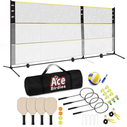 Complete Badminton Sets (10FT/17FT) Adjustable Width, Adjustable Height (2.8/5.1/7.4FT), Badminton Pickleball Volleyball Set with Net, 4Racket+4Paddels+Volleyball for Outdoor Family Game.