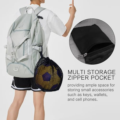 Single Mesh Ball Bag with Zipper Pocket - Fits All Kinds of Backpacks, Carries Basketball, Football and Volleyball