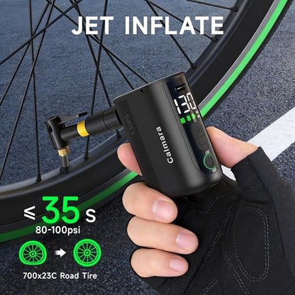 MY20 Electric Bike Pump with Gauge, 130 PSI Fast Inflate, Mini Bicycle Pump with Presta & Schrader Valve, Auto Stop, Portable Rechargeable Air Pump for Road Bike, Mountain Bike, E-Bike - color: Black