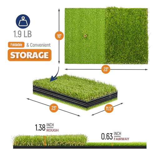 JAYA Golf Hitting Mat with Heavy Rubber Base, Foldable Golf Practice Mat for Indoor & Outdoor Training, Dual Turf Fairway & Rough Grass Mat for Swing, Chipping and Driving Practice - size: 23" x 16"