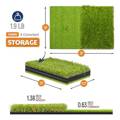 JAYA Golf Hitting Mat with Heavy Rubber Base, Foldable Golf Practice Mat for Indoor & Outdoor Training, Dual Turf Fairway & Rough Grass Mat for Swing, Chipping and Driving Practice - size: 23" x 16"