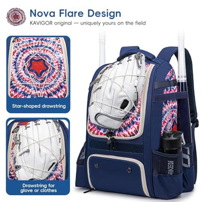 KAVIGOR Baseball Bag for Youth | Softball Backpack 50L Large Capacity with Shoe Compartment and 4 Bat Holders | Nova Flare Series