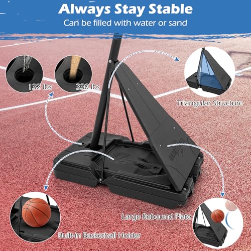 GYMAX Basketball Hoop, 4.9-10 FT Height Adjustable Basketball Goal with 44 Inch PC Backboard, Rebound Plate & Wheels for Kids Teens Adults, Portable Basketball Hoop for Indoor & Outdoor