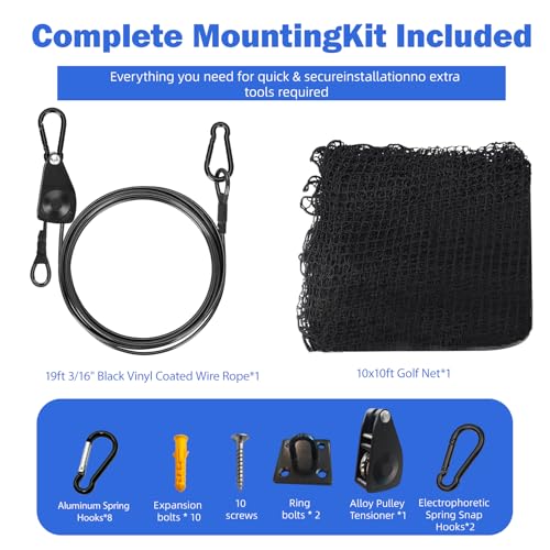 Golf Practice Net with Pre-Assembled Hanging System, 10x10/ 10x15/ 10x20ft Golf Netting for Garage, Self-Locking Pulley & 3/16" PVC Coated Cable, Easy Tension Setup, DIY Sports Netting