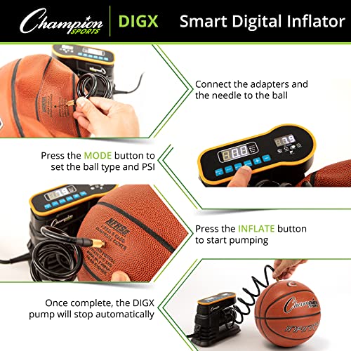 Champion Sports Digital Air Pump - Electronic Inflator for Sports Balls - Portable, Smart Ball Pump for Basketball, Soccer Ball, Football, Volleyball - Comes with Pressure Gauge and 3 Needle Tips