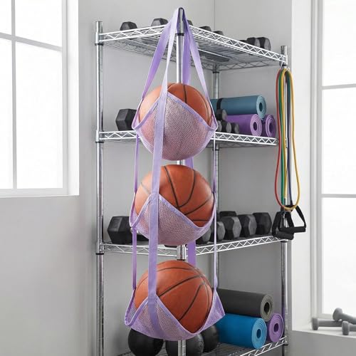 Basketball Holder Bag, Space-Saving Design, 83x33x33cm, 3 Tier Over The Door Ball Holder Bag, Soccer Equipment Organizer Bags, Quick Access Design, for Volleyball Football Gym - color: Aqua Violet