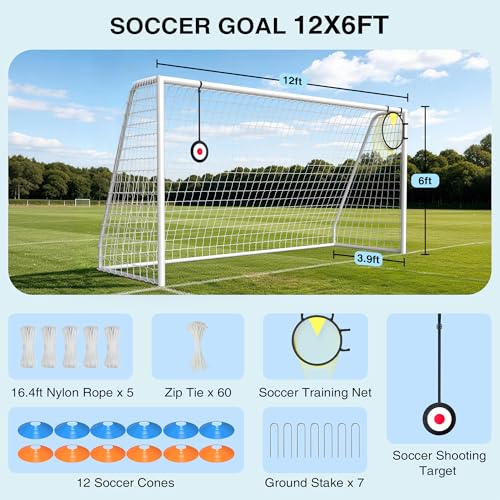 12×6FT Soccer Goal for Backyard,Sturdy Metal Frame Soccer Goal with Shooting Target Net, 12 Training Cones,Outdoor Full Size Soccer Goals Training Equipment for Kids Teens Adults - size: 12x6