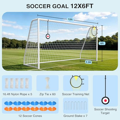 12×6FT Soccer Goal for Backyard,Sturdy Metal Frame Soccer Goal with Shooting Target Net, 12 Training Cones,Outdoor Full Size Soccer Goals Training Equipment for Kids Teens Adults - size: 12x6