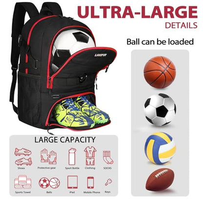 LARIPOP Soccer Backpack with Ball Holder & Shoe Compartment Large Capacity Youth Sports Bag for Training - color: Red