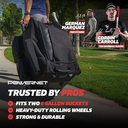 PowerNet Rolling Bucket Bag, Holds 2 6-Gallon Bucket of Baseballs & Softballs, Storage Pockets for Baseball Bat, Gloves & Scoreboards, Fits Launch F-lite Pitching Machine & Balls - style: Pro