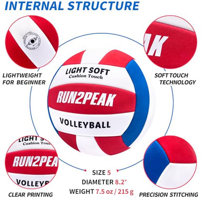 RUN2PEAK Light Soft Beginner Volleyball - Lightweight EVA Soft Foam Composite Cover Training Ball, Official Size 5 - Gentle on Arms, Safe for Indoor Play, Youth Practice, or Recreational Games