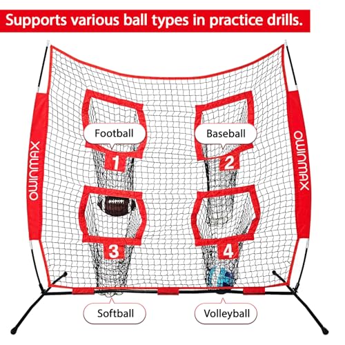 6x6 ft Football Trainer Throwing Net, Training Target Practice with 4 Targets, Includes Carry Bag and Ground Stake, Black and Red, Great for Kids and Youth - color: Red