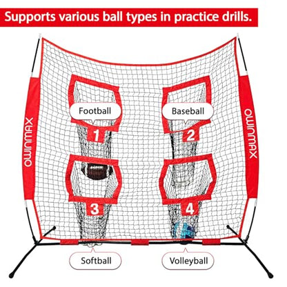 6x6 ft Football Trainer Throwing Net, Training Target Practice with 4 Targets, Includes Carry Bag and Ground Stake, Black and Red, Great for Kids and Youth - color: Red