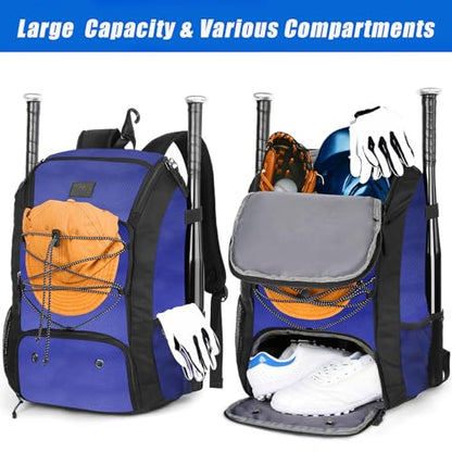 MATEIN Baseball Backpack, Softball Bat Bag with Shoes Compartment for Youth, Boys and Adult, Lightweight Baseball Bag with Fence Hook Hold TBall Bat, Batting Mitten, Helmet, Caps, Teeball Gear - color: Blue, size: 47L