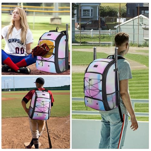 MATEIN Baseball Backpack, Softball Bat Bag with Shoes Compartment for Youth, Boys and Adult, Lightweight Baseball Bag with Fence Hook Hold TBall Bat, Batting Mitten, Helmet, Caps, Teeball Gear - color: Tie Dye, size: 29L