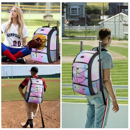 MATEIN Baseball Backpack, Softball Bat Bag with Shoes Compartment for Youth, Boys and Adult, Lightweight Baseball Bag with Fence Hook Hold TBall Bat, Batting Mitten, Helmet, Caps, Teeball Gear - color: Tie Dye, size: 29L