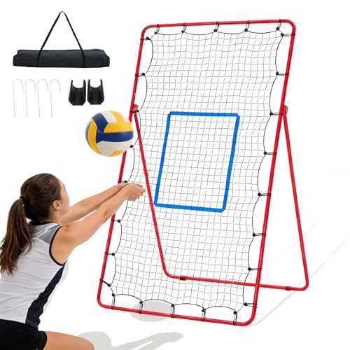 NEWBULIG Volleyball Rebounder Net 7x4 ft, 5-Angle Adjustable Bounce Back Training Equipment, Durable Net for Practicing Volleying, Bumping, Spiking, Easy Setup & Portable Travel Bag for Storage - color: Red&Blue
