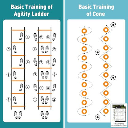 OLIXIS Agility Ladder, Soccer Training Equipment Set, 20 ft Speed Ladder, 12 Soccer Cones, 4 Agility Hurdles, Jump Rope, Resistance Parachute Agility Training Equipment for Kids, Youth, Adults, Orange