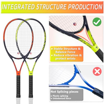 Pro Tennis Racket for Adults, 2 Player 27 inch Speed Tennis Racquet Acceptable for Beginner and Professional with 3 Tennis Balls, 2 Vibration Dampes, 2 Overgrips, Tennis Bag - color: Yellow & Orange