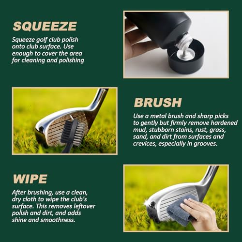Golf Club Cleaning Kit 3-in-1 with Golf Club Cleaner Brush, Towel and 200g Golf Club Polish - Golf Club Care Kit for Instant Groove Rust & Scratch Remover - Golf Accessories for Men
