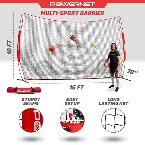 PowerNet Portable Sports Rebounder -Basketball, Volleyball, Soccer, Baseball, Softball and Lacrosse, Backyard & Garage Backstop, Indoor Outdoor Safety Net for Protection - style: 16x10 RED Net