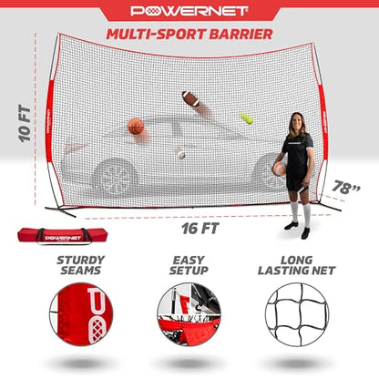 PowerNet Portable Sports Rebounder -Basketball, Volleyball, Soccer, Baseball, Softball and Lacrosse, Backyard & Garage Backstop, Indoor Outdoor Safety Net for Protection - style: 16x10 RED Net