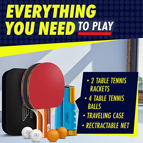 NIBIRU SPORT Professional Ping Pong Paddle Sets - 2 Player or 4 Player Table Tennis Paddles, Retractable Net, Pingpong Balls and Carry Bag Storage Case - Table Tennis Equipment & Ping Pong Accessories - style: 2 Paddles+4 Balls+Net