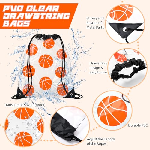 Cholemy 12 Pcs Clear Basketball Drawstring Bags 17 x 13 Inch Waterproof Plastic Gift Snack Goodie Bags for Team Sports Gym Events Stadium - style: Basketball Style