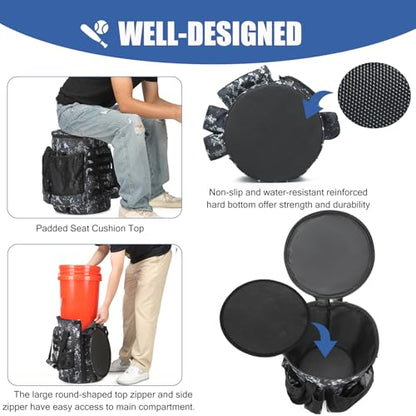 Baseball Bucket Bag 6 Gallon Bucket Cover Organizer w/Padded Seat tactical Softball Coaches Bag for Balls, Bat, Gloves, Scoreboards