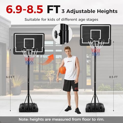 Goplus Portable Outdoor Basketball Hoop, 6.9-8.5 FT Adjustable Basketball Goal System w/Fillable Base, Shatterproof PC Backboard, Transport Wheels for Kids Teens Youth in Backyard Driveway Indoor