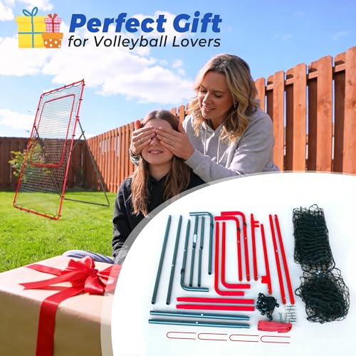 2-in-1 Volleyball Rebounder Net, Adjustable 7×4 ft to 4.5×4 ft Bounce Back Training Rebound Equipment with Angle Customization for Volleying, Bumping, Spiking Practice - color: Red