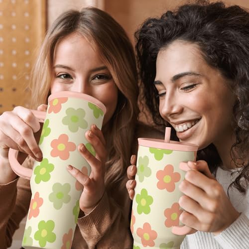 SANDJEST Daisy Tumbler with Handle 40oz, Floral Cup Stainless Steel Insulated Tumblers Coffee Travel Mug with Straw, Flower Cups Gifts for Women Girls Teens Birthday Christmas - color: Daisy