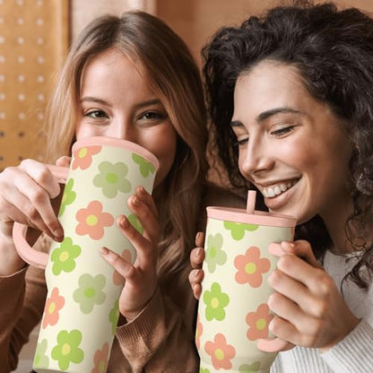 SANDJEST Daisy Tumbler with Handle 40oz, Floral Cup Stainless Steel Insulated Tumblers Coffee Travel Mug with Straw, Flower Cups Gifts for Women Girls Teens Birthday Christmas - color: Daisy