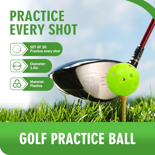 26 Pack Practice Golf Balls, 41mm Hollow Airflow Plastic Golf Balls with Golf Tees, for Indoor Outdoor Driving Range Backyard Swing Practice - color: Green