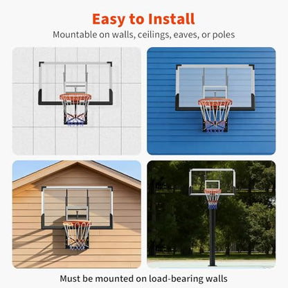 54 Inch Wall Mounted Basketball Hoop, 8-10 FT Adjustable Height Shatterproof PC Backboard Basketball Goal with 18 Inch Solid Rim for Indoor & Outdoor Use, Home, Gym, Backyard
