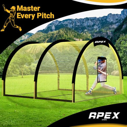 Apex Sports Portable 22ft x 12ft x 8ft Baseball & Softball Batting Cage with Pitching Machine Hole, 3ply 1.25'' Yellow Netting, Secure Steel Poles, 12.7MM Fibreglass Poles, Carry Bag Included