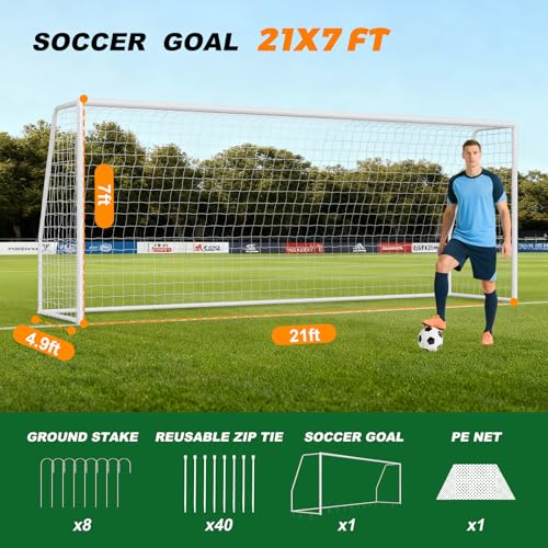 NAIZEA Soccer Goals - 24x8/21x7/18x7/12x6/16x7/10x6/8x6/6x4FT Soccer Goals for Backyard Training- Portable Metal Soccer Net for Youth & Adults - Heavy Duty Steel for Indoor Outdoor Games & Practice - size: 21ft x 7ft, style: Trainer-White/Steel