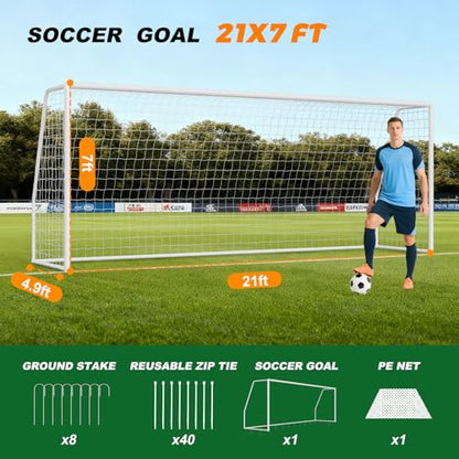 NAIZEA Soccer Goals - 24x8/21x7/18x7/12x6/16x7/10x6/8x6/6x4FT Soccer Goals for Backyard Training- Portable Metal Soccer Net for Youth & Adults - Heavy Duty Steel for Indoor Outdoor Games & Practice - size: 21ft x 7ft, style: Trainer-White/Steel