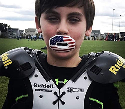 Oral Mart Flag Football Mouth Guard with 3D LipFit Design for Kids - Youth Football Mouthguard (No Boil) Cool Instant Fit Lip Guard Mouthpiece for Braces (Detachable Helmet Strap Included) - color: American Flag