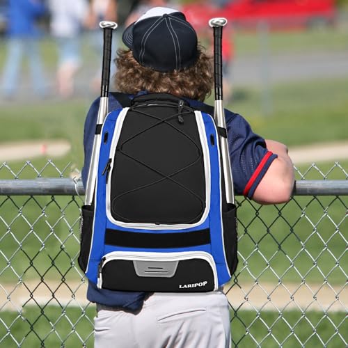 LARIPOP Youth Baseball Bag, Bat Backpack with Fence Hook & Separate Shoe Compartment, Waterproof Equipment Bag for Baseball, T-Ball & Softball - color: Blue White