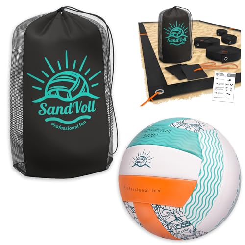 Beach Volleyball Lines + Outdoor Ball – Includes Sand Anchors, Air Pump, Marker, and Carry Bag. Official Court Size Dimensions (26.3' x 52.6')