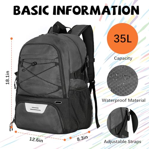 Goloni Basketball Backpack Bag,35L Basketball Bag with with Separate Ball & Shoe Compartments,Large Sports Bag for Basketball - color: dark grey