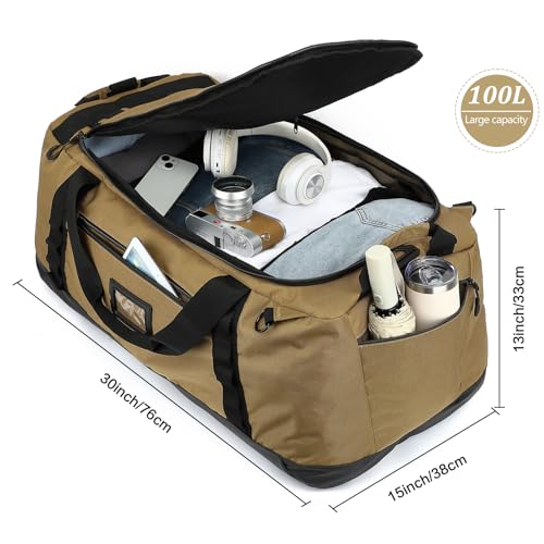 100L Extra Large Travel Duffle Bag Backpack for Men, 3 in 1 Sports Duffel Bags W/Adjustable Shoulder Strap & Dividers Gym Equipment/Gear Weekend Overnight Bag for Trip Camping Hiking, XL Brown - color: Brown