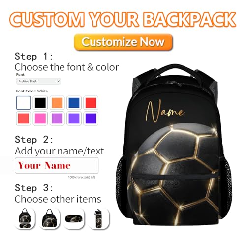 Custom Backpack for Kids - Soccer Backpacks for Boys Toddler, 17 Inch Large Capacity Soccer Lovers Schoolbag for Kindergarten Elementary - color: Black