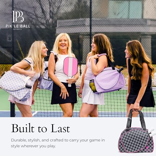 Pik’le’Ball Sport Premium Women's Pickleball Bag – Stylish and Versatile Sports Bag with Water Bottle Holder, Padded Paddle Pocket, and Spacious Design (fits 2+ Paddles!) - color: Checkered Chic Black