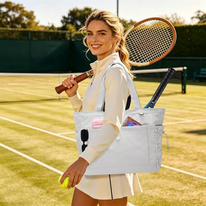Tennis Gym Bag for Women, Tennis Tote Bag with Shoe Compartment & Wet Pocket, Tennis Racket Bag Holds 2-4 Rackets, Weekend Bag with Laptop Compartment for Men & Women - color: Grey