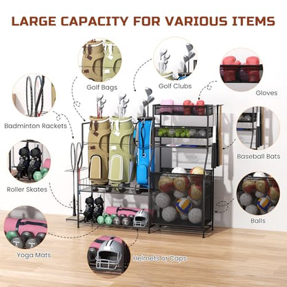 Garage Sports Equipment Organizer, 3 Golf Bag Organizer Stand Heavy-Duty Ball Storage Rack with Basket and Hooks, Ball Storage Cart for Toy Sports Gear Storage, Black