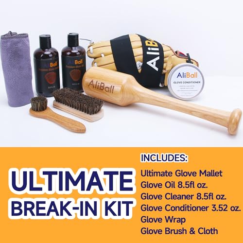 AliBall Baseball Glove Break-in & Care Kit, 8.5 fl oz Glove Oil, 8.5 fl oz Cleaner & 3.52 oz Conditioner, Mallet, Wrap, 2 Brushes & Cloth for Baseball/Softball Mitts - style: Ultimate Luxury Kit