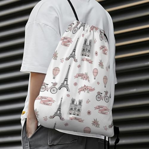 Theft Proof Drawstring Backpack Cinch Sack Water Resistant for Travel Camping Sports Equipment Men Women, Pink Paris Eiffel Tower And Balloon Bags - color: Picture (352)